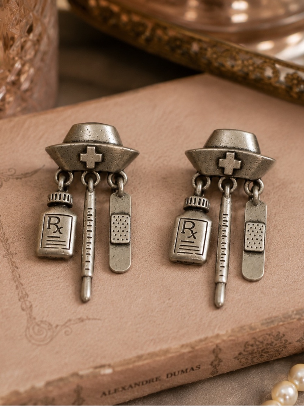 JJ Jonette Nurse Earrings | Pewter Medical Dangle Earrings | RN Gift | Signed JJ